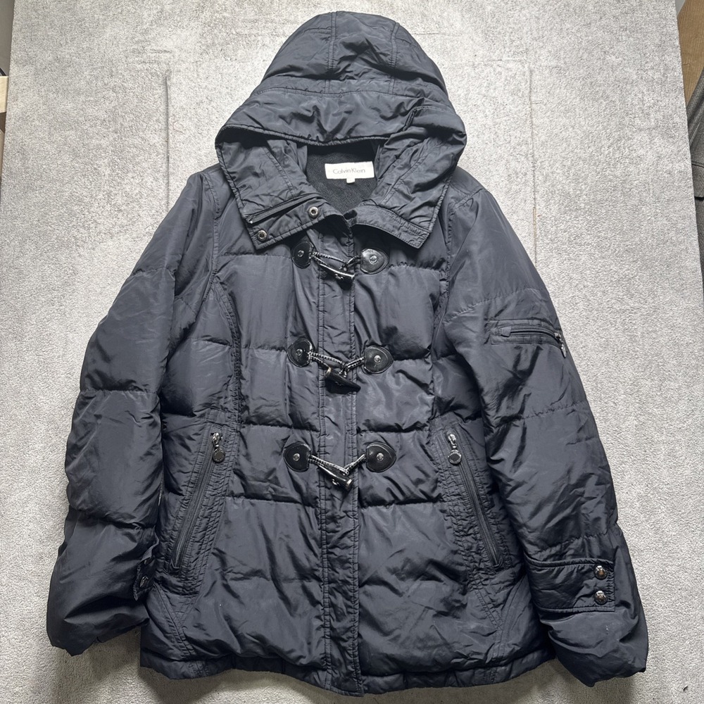 Calvin Klein Mens Black Hooded Toggle Quilted‎ Jacket Large Classic Winter